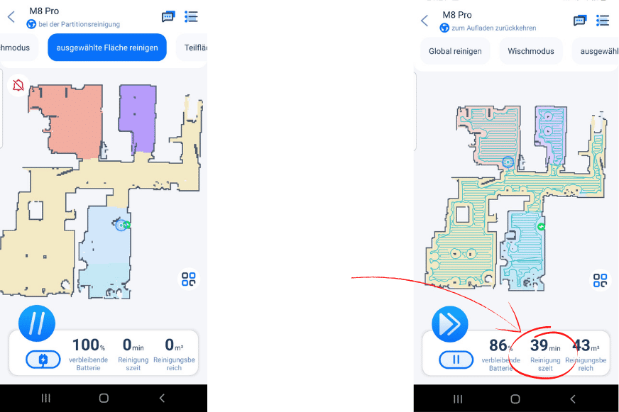 Die Navigationszeit und der Navigationsweg des Proscenic M8 PRO werden in der Proscenic App dargestellt.